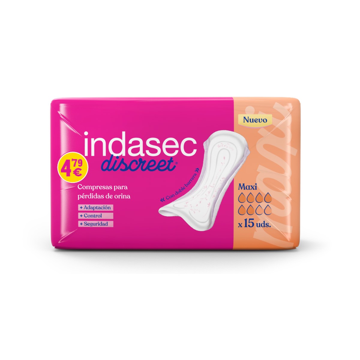 Indasec Discreet Indabox Maxi compresas para pérdidas de orina 15u